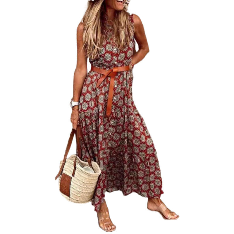 Damen Bohemian Maxi Kleid mit verstellbarem Gürtel R&B
