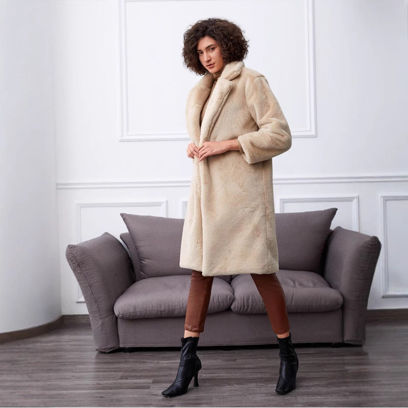 Damen Langer Kunstpelzmantel mit elegantem Reverskragen und praktischen Taschen R&B
