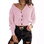 Damen lässiger Strickpullover mit tiefem V-Ausschnitt und Knopfdetails R&B