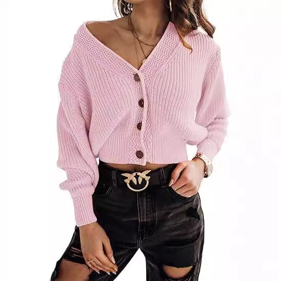 Damen lässiger Strickpullover mit tiefem V-Ausschnitt und Knopfdetails R&B