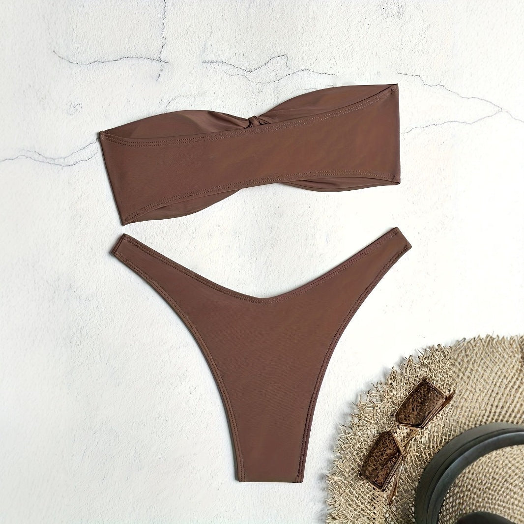 Damen Bandeau-Bikini mit hohem Beinausschnitt und dezenter Raffung R&B