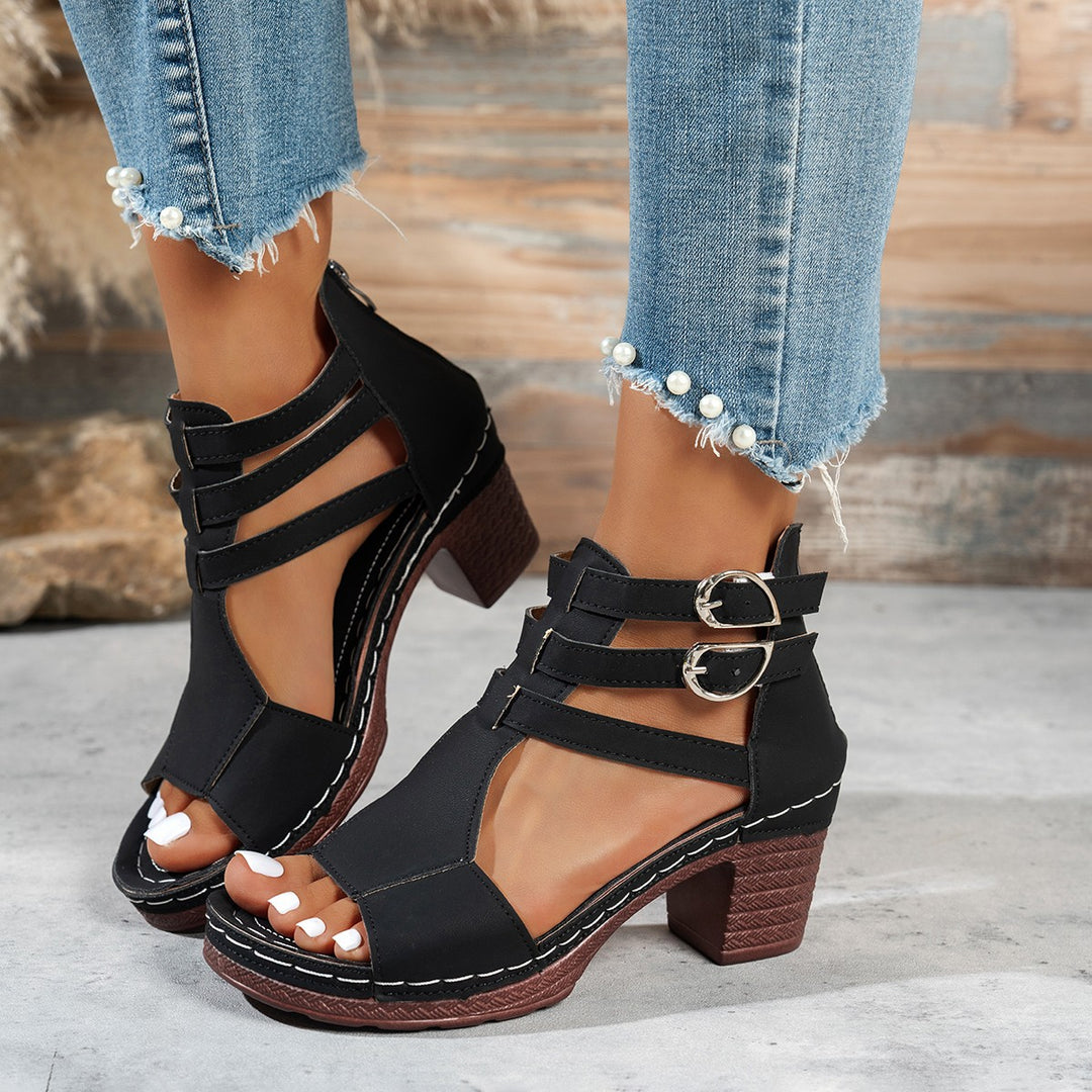 Damen Offene Riemensandalen mit Blockabsatz und Doppel-Schnallen R&B