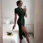 Damen Midi-Kleid mit Knopfdetail und seitlichem Schlitz R&B