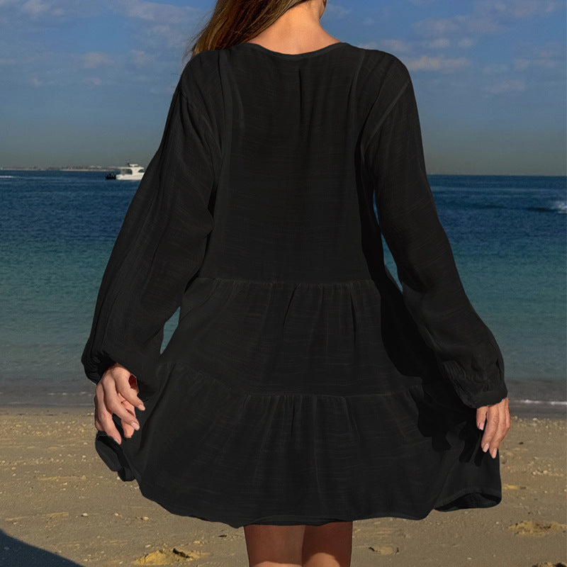 Damen luftiges Strandkleid mit Spitzenbesatz und Wasserfall-Saum R&B