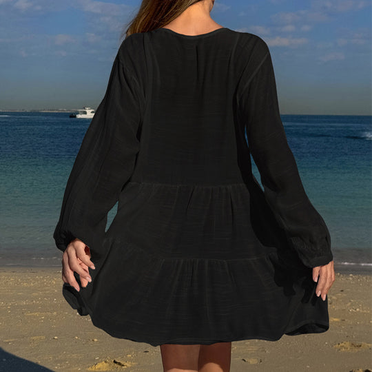 Damen luftiges Strandkleid mit Spitzenbesatz und Wasserfall-Saum R&B