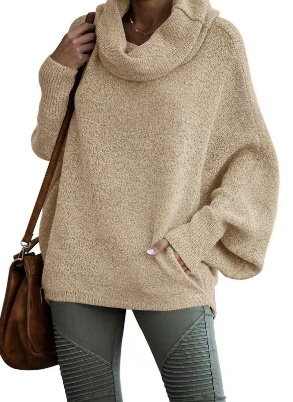 Damen lässiger Strickpullover mit weichem Stehkragen und weit geschnittenen Ärmeln R&B