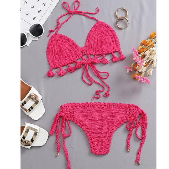 Damen Häkel-Bikini-Set mit fransigen Akzenten und verstellbaren Trägern R&B