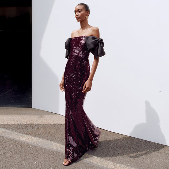 Damen Elegantes Pailletten-Maxikleid mit schulterfreiem Design und dekorativen Schleifen R&B