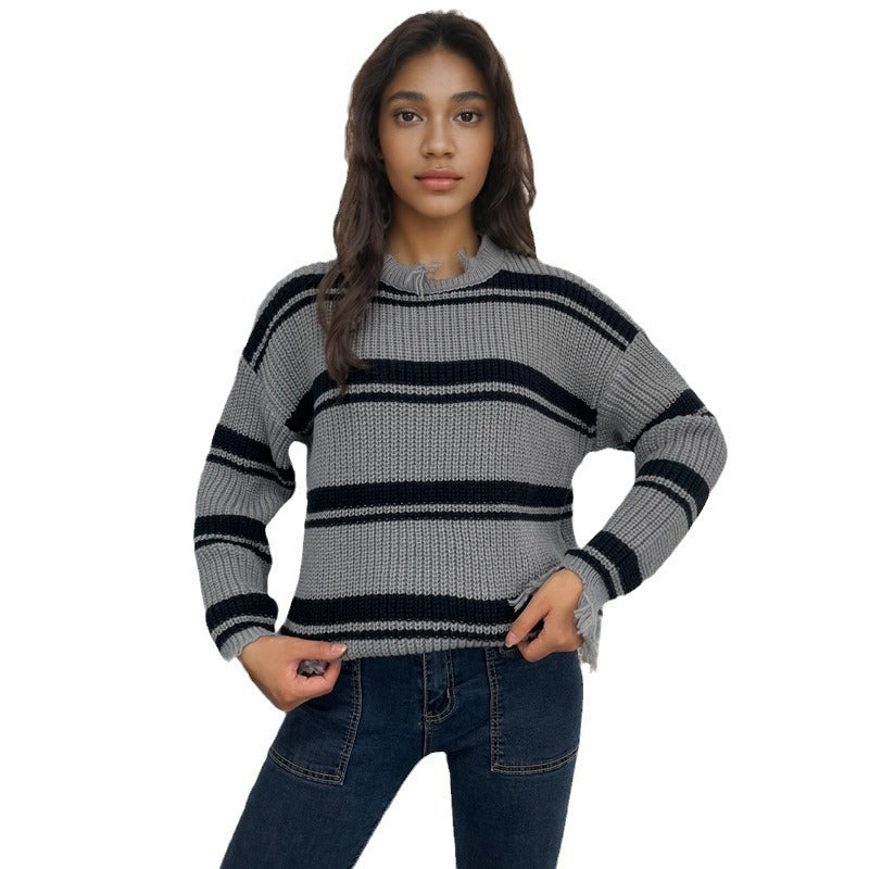 Damen lässiger Strickpullover mit Boho-Details und Fransen R&B