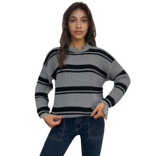Damen lässiger Strickpullover mit Boho-Details und Fransen R&B
