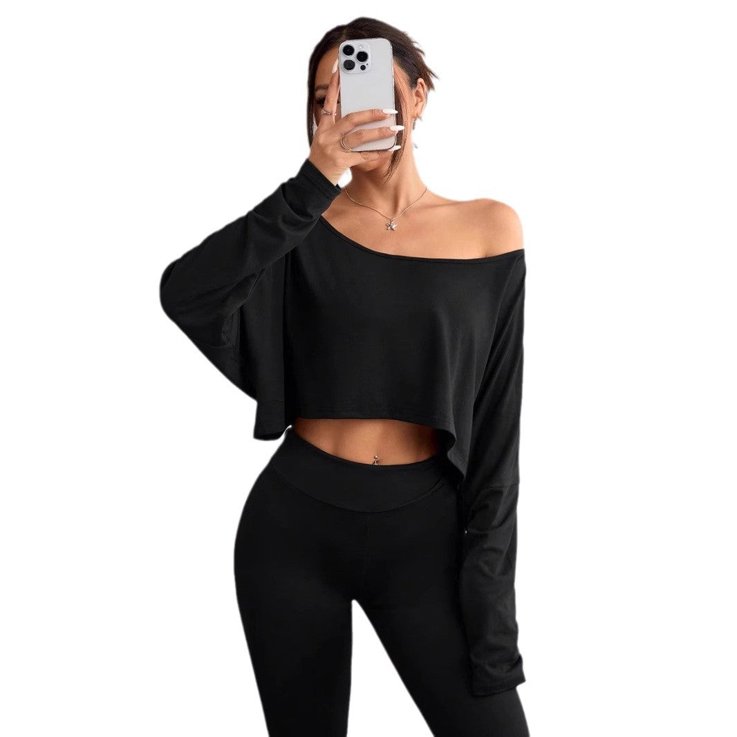 Damen lässiges Oversized Langarm-Shirt mit asymmetrischem Saum und U-Boot-Ausschnitt R&B