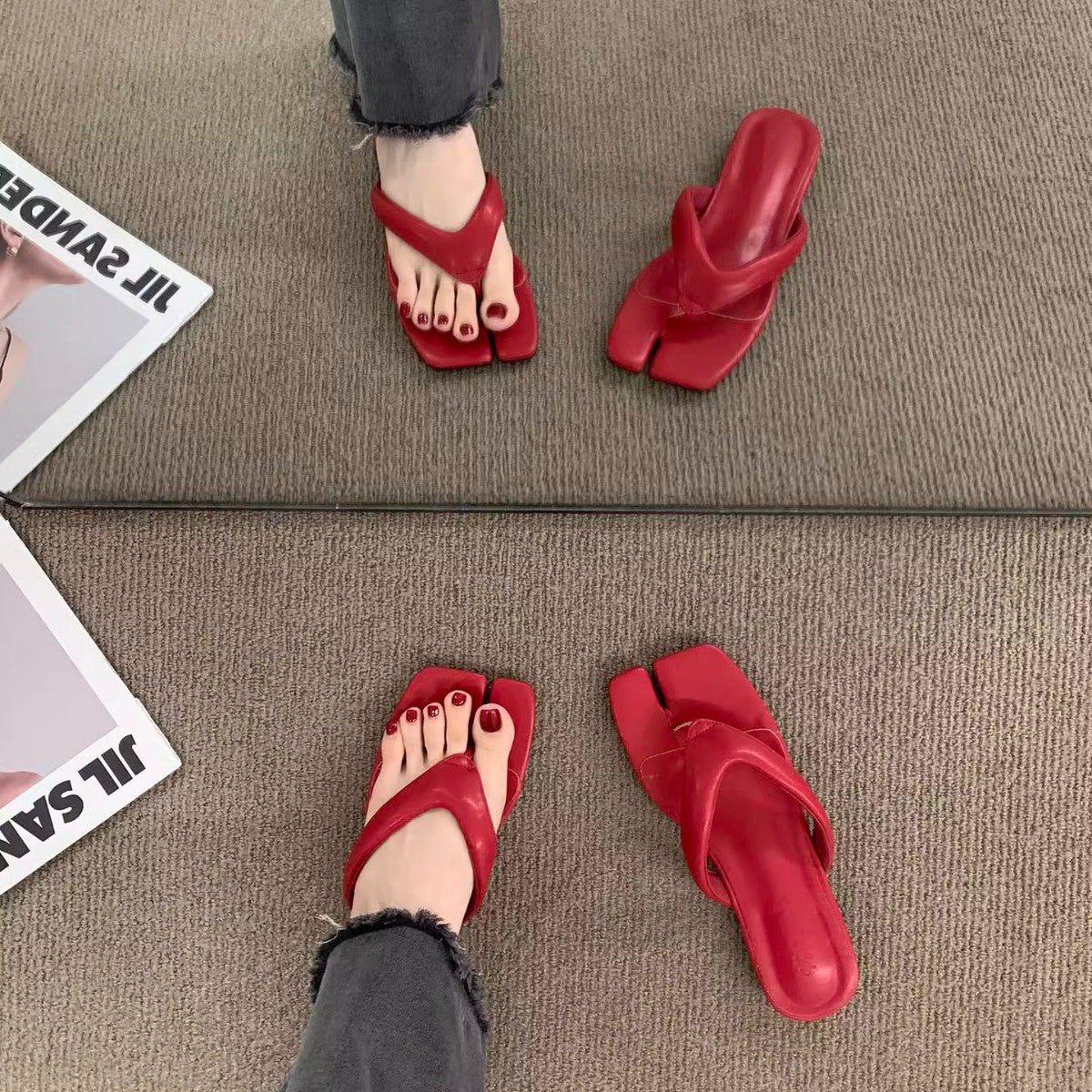 Damen elegante Zehentrenner-Pantoletten mit modischem Riemchen und luxuriösem Fußbett R&B