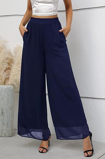 Damen Weit geschnittene Chiffon-Hose mit elastischem Taillenbund und hohen Seitentaschen R&B
