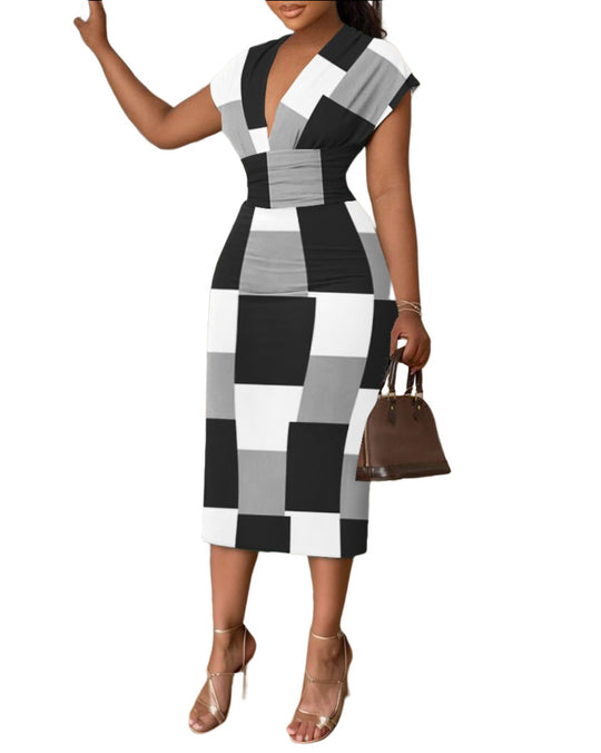 Damen Midi-Kleid mit modernem abstraktem Streifenmuster R&B