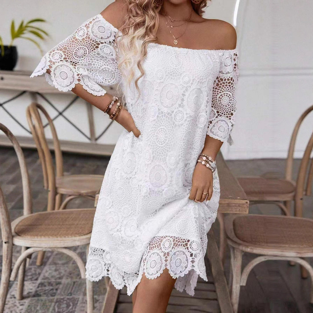 Damen nan schulterfreies Häkel-Midikleid mit Carmen-Ausschnitt und floraler Spitzenbordüre R&B