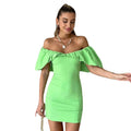 Damen Kurzarm Minikleid mit schulterfreiem Design und Rüschensaum R&B