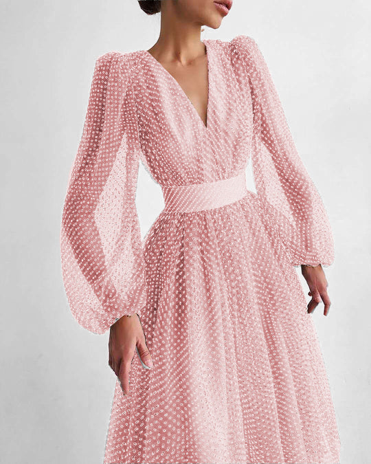 Damen Kleid mit transparentem Puffärmel und floralem Punkte-Design R&B