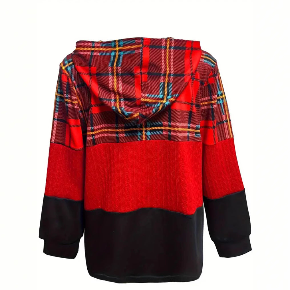 Damen nan lange Kapuzenjacke im Patchwork-Stil mit Karo‑ und Strickeinsätzen, Frontreißverschluss und Eingrifftaschen R&B