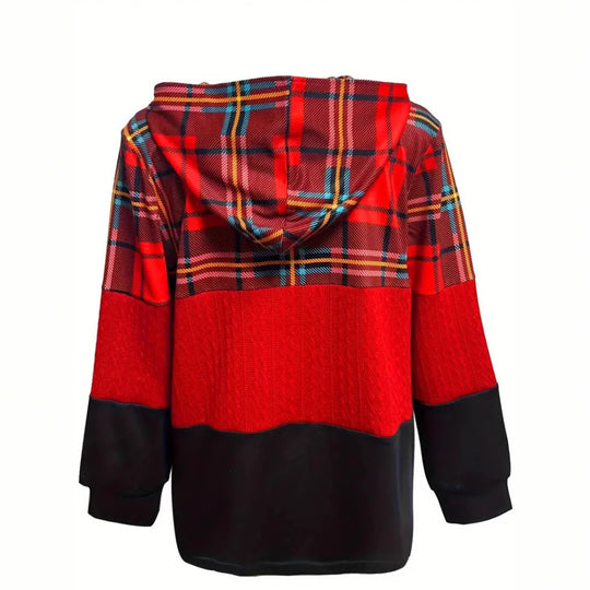Damen nan lange Kapuzenjacke im Patchwork-Stil mit Karo‑ und Strickeinsätzen, Frontreißverschluss und Eingrifftaschen R&B