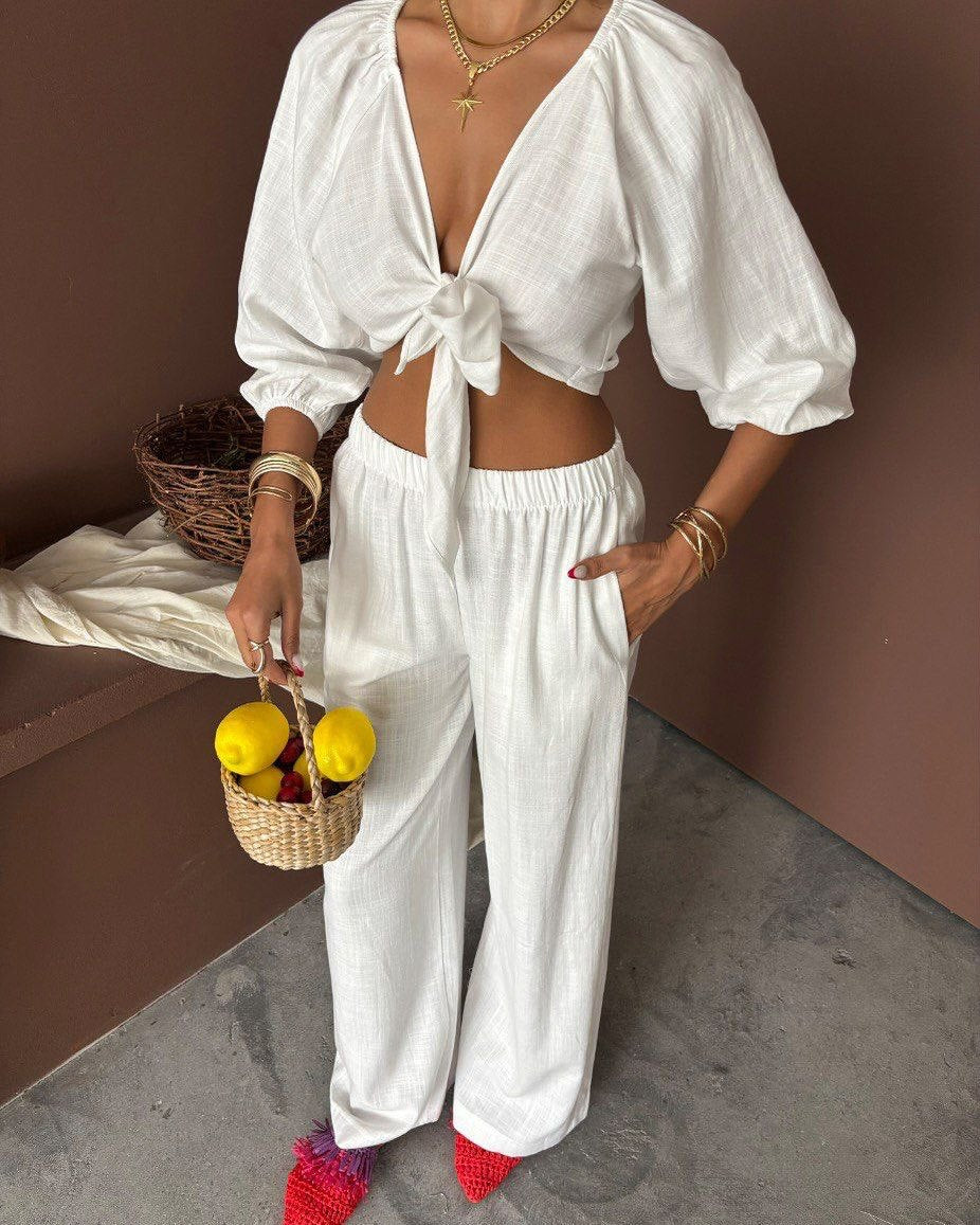 Damen elegantes Zwei-Teiler-Set mit Knotenoberteil und weitem Bein R&B