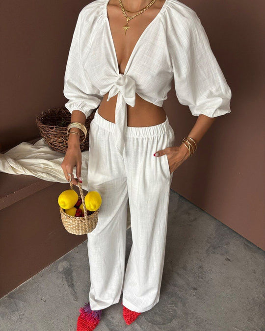 Damen elegantes Zwei-Teiler-Set mit Knotenoberteil und weitem Bein R&B