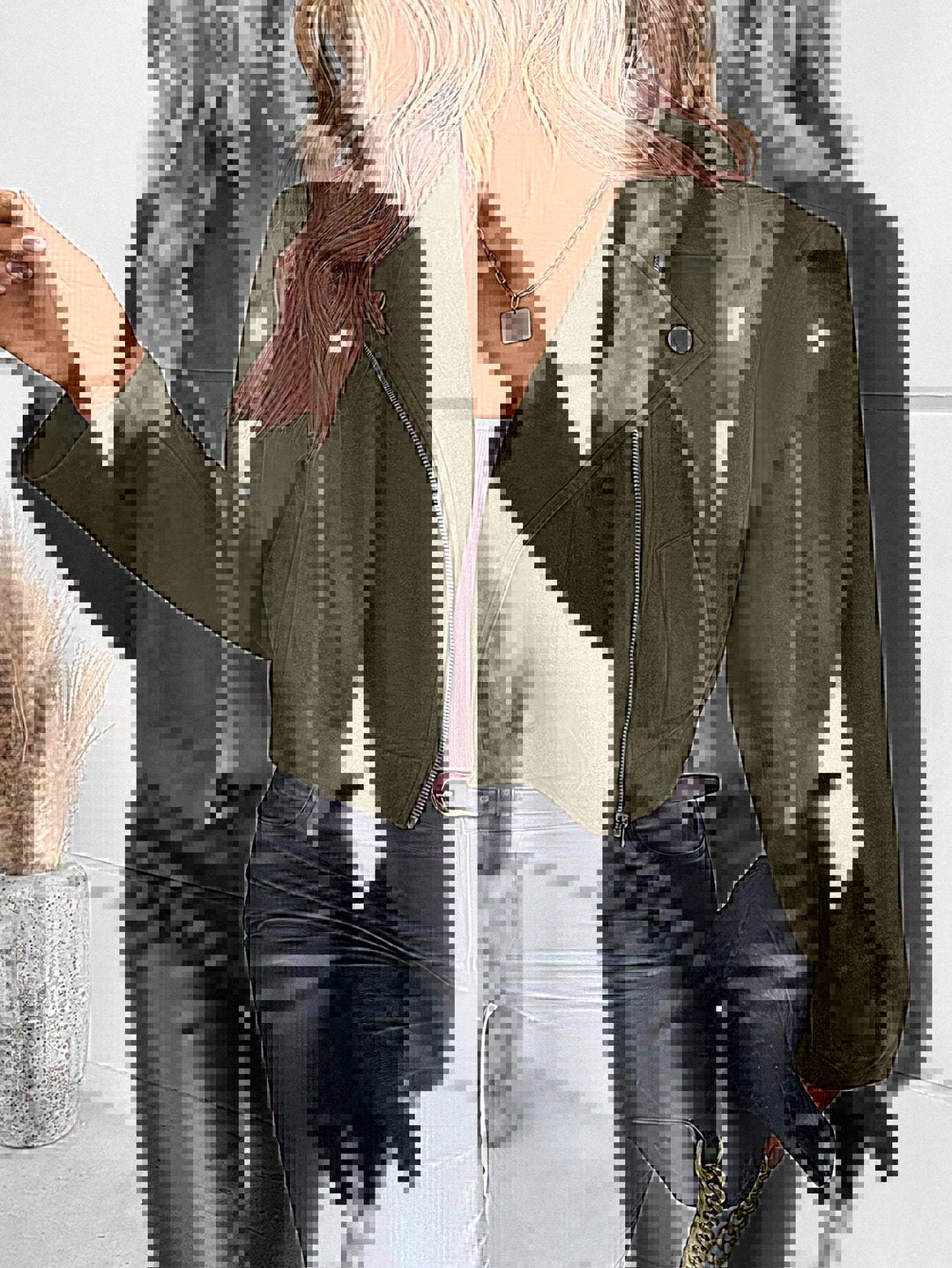 Damen Stylische Bikerjacke aus Kunstleder mit asymmetrischem Reißverschluss R&B
