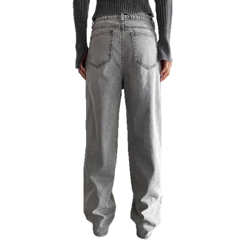 Damen weite Jeans im lässigen Vintage-Design mit hoher Taille und beständigem Stoff R&B