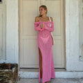 Damen Häkel-Maxikleid mit offener Schulterpartie und seitlichem Schlitz EB