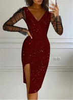 Damen elegantes Abendkleid mit transparenten Ärmeln und seitlichem Schlitz R&B