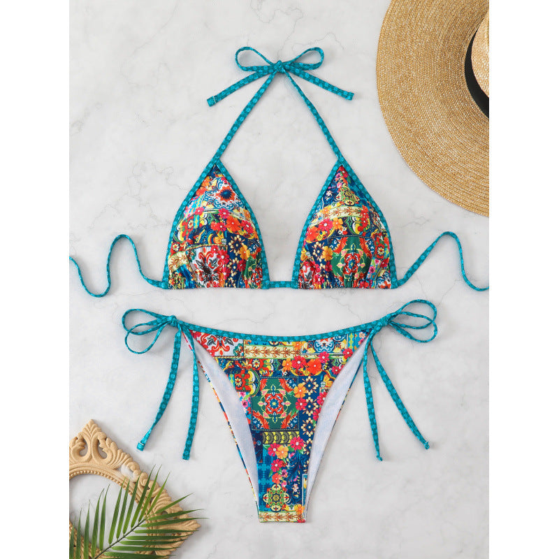 Damen Triangel-Bikini mit bunten Zierstichen und verstellbaren BindR&Bändern R&B