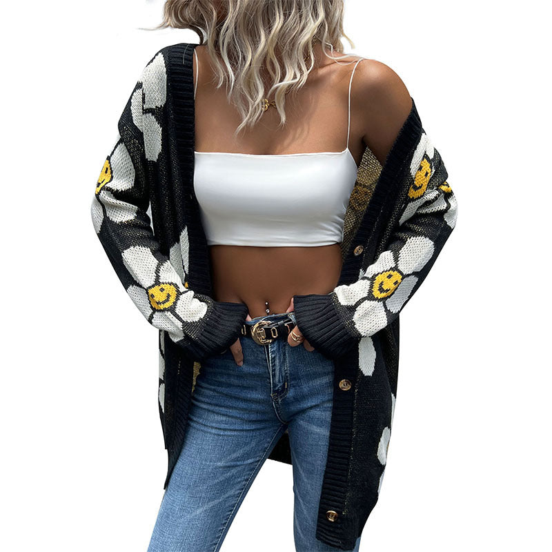 Damen Langärmlige Strickjacke mit Blumenmuster und Knopfdetails R&B