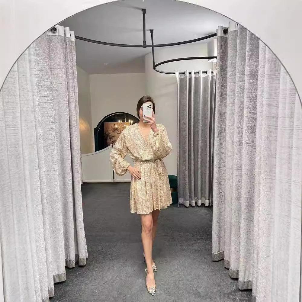 Damen funkelndes Cocktailkleid mit V-Ausschnitt und Taillengürtel R&B