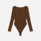 Damen Langarm Bodysuit mit Rippstruktur und tiefem U-Bootausschnitt R&B