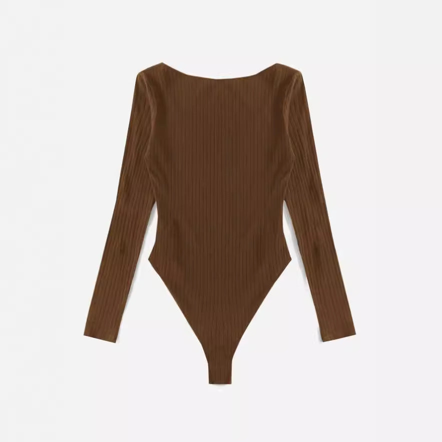 Damen Langarm Bodysuit mit Rippstruktur und tiefem U-Bootausschnitt R&B