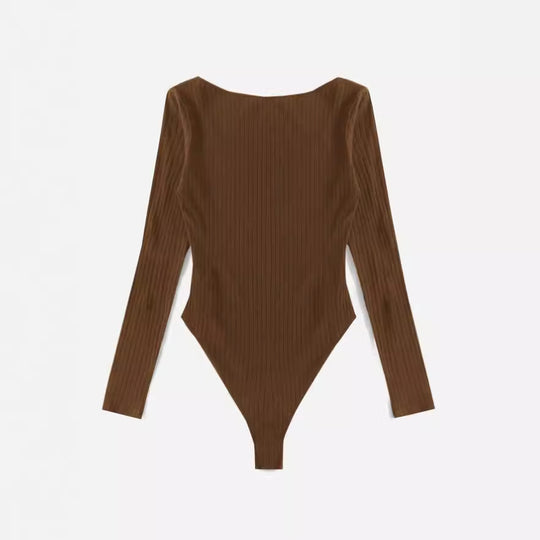 Damen Langarm Bodysuit mit Rippstruktur und tiefem U-Bootausschnitt R&B