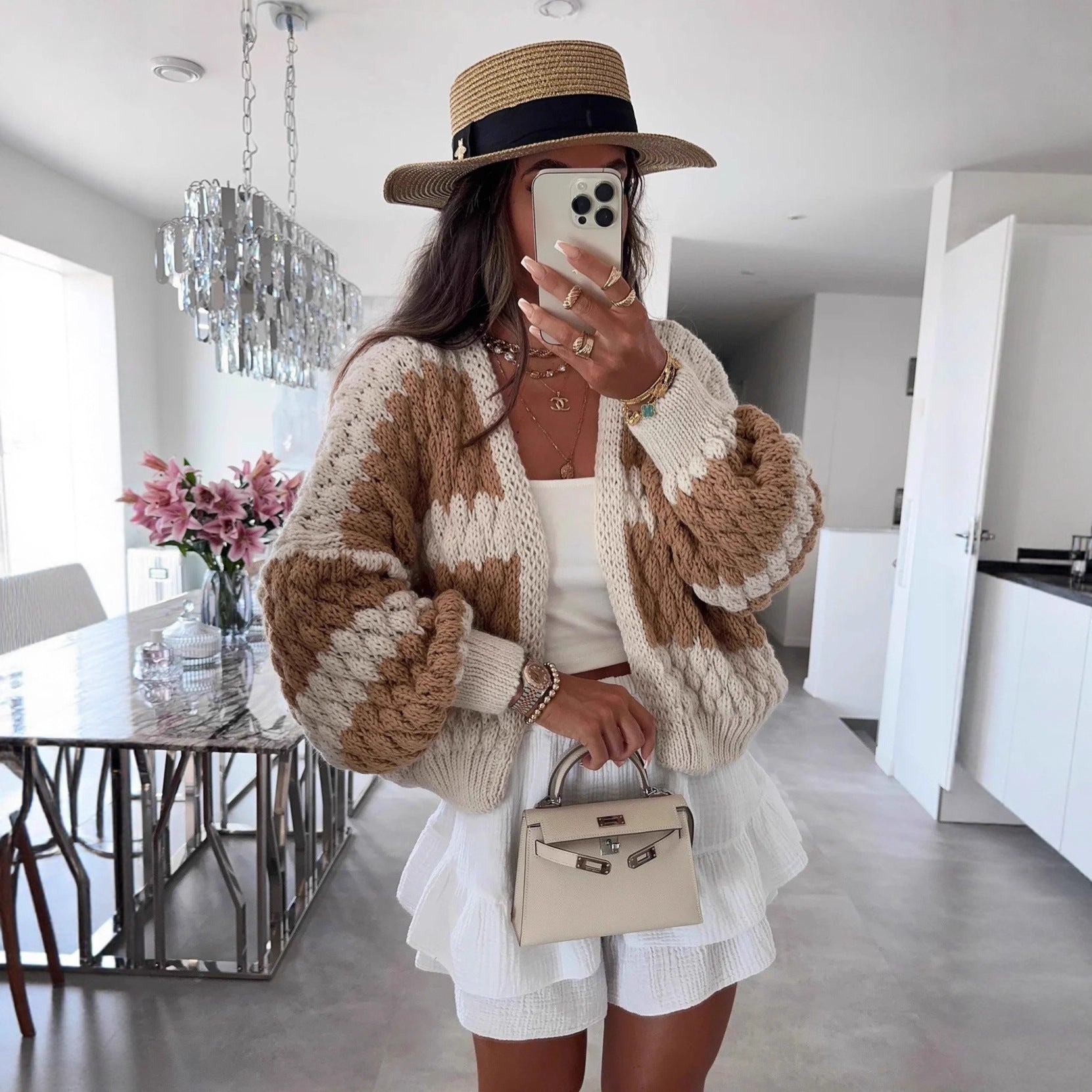 Damen Grobstrickjacke mit grafischem Muster und voluminösen Ärmeln R&B