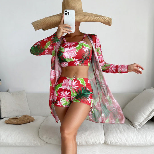 Damen Sport-Bikini-Set mit farbenfrohem Floralprint und lässiger Wickeljacke R&B