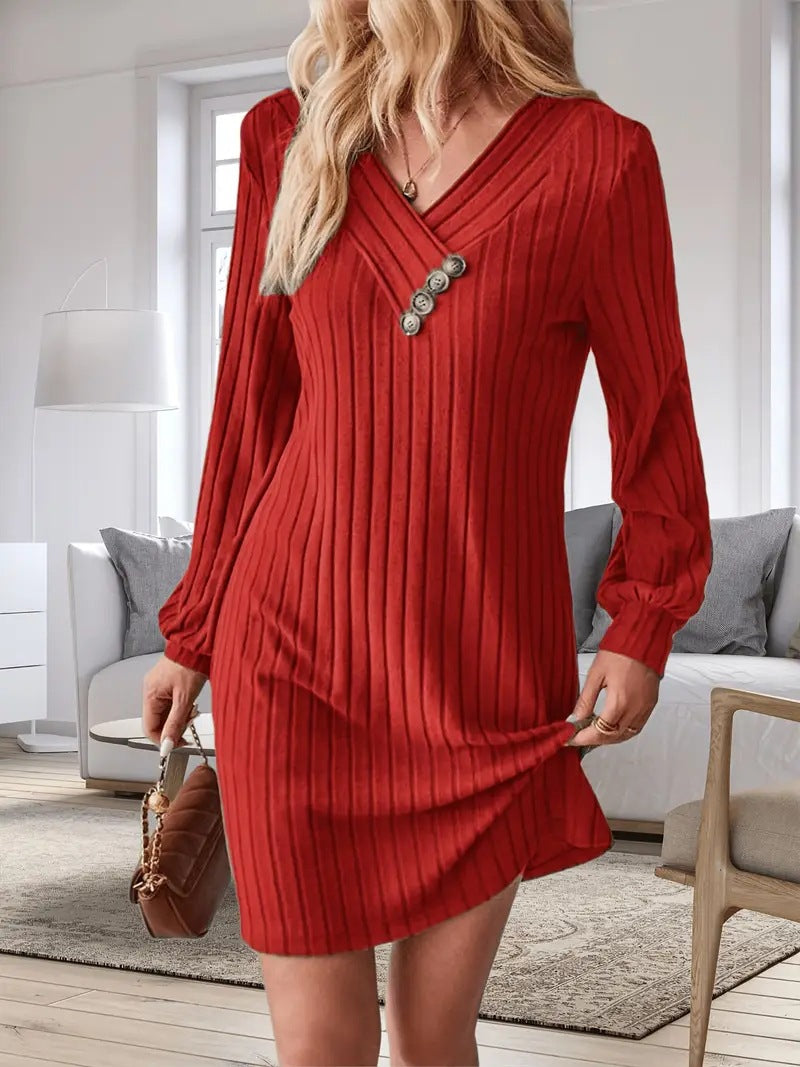 Damen Röhrenkleid mit elegantem V-Ausschnitt und dekorativen Knöpfen R&B