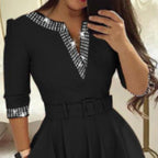Damen Elegantes Wickelkleid mit Gittermuster und Taillengürtel R&B