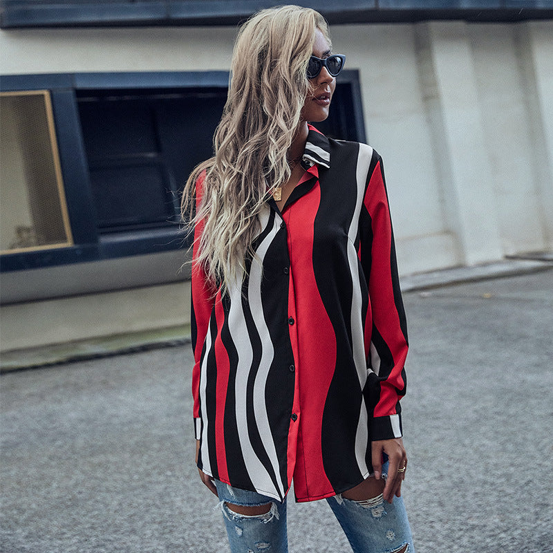 Damen Bluse im modernen Wellenmuster mit knöpfbarer Front und langen Ärmeln R&B