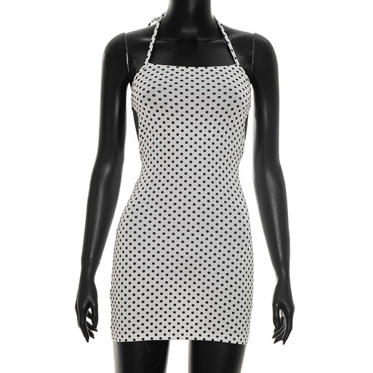 Damen figurbetontes Minikleid mit Polka-Dots und Spaghettiträgern R&B