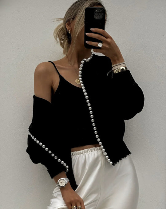 Damen Strickjacke mit auffälligem Perlenbesatz und offenem Design R&B