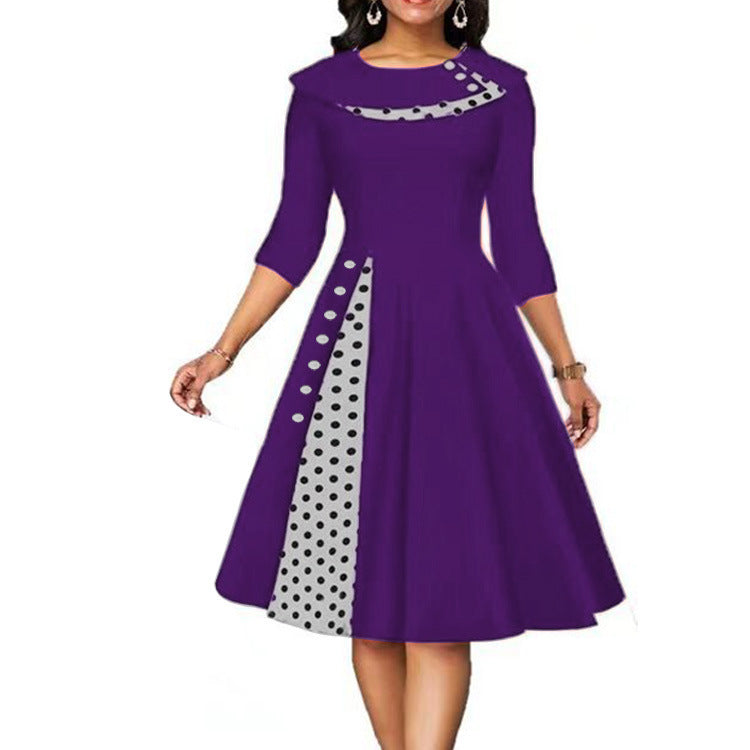 Damen Elegantes Midi-Kleid mit Punkten und seitlicher Kontrastdetail R&B