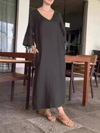 Damen luftiges Maxikleid aus atmungsaktiver Baumwolle mit V-Ausschnitt und praktischen Taschen R&B