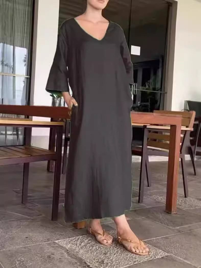 Damen luftiges Maxikleid aus atmungsaktiver Baumwolle mit V-Ausschnitt und praktischen Taschen R&B