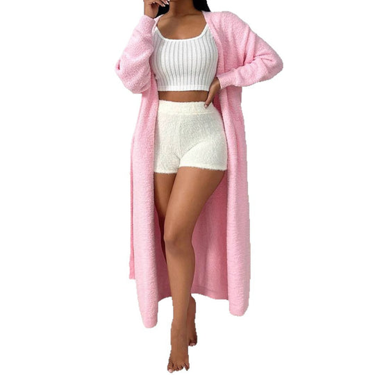 Damen Langer, flauschiger Cardigan mit Bindegürtel und V-Ausschnitt R&B