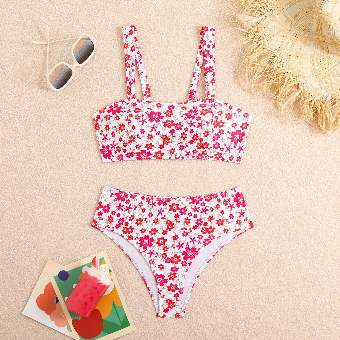 Damen Zweiteiliges Crop-Top Bikini-Set mit floralem Design und breiten Trägern R&B
