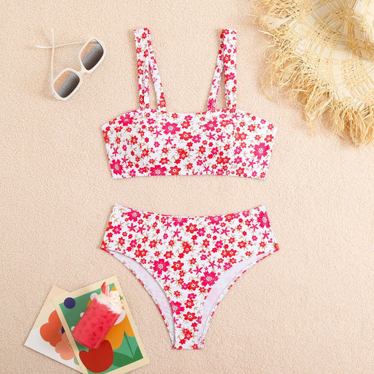 Damen Zweiteiliges Crop-Top Bikini-Set mit floralem Design und breiten Trägern R&B