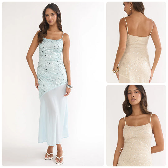 Damen Glitzerndes Maxikleid mit transparentem Obermaterial und asymmetrischem Saum R&B
