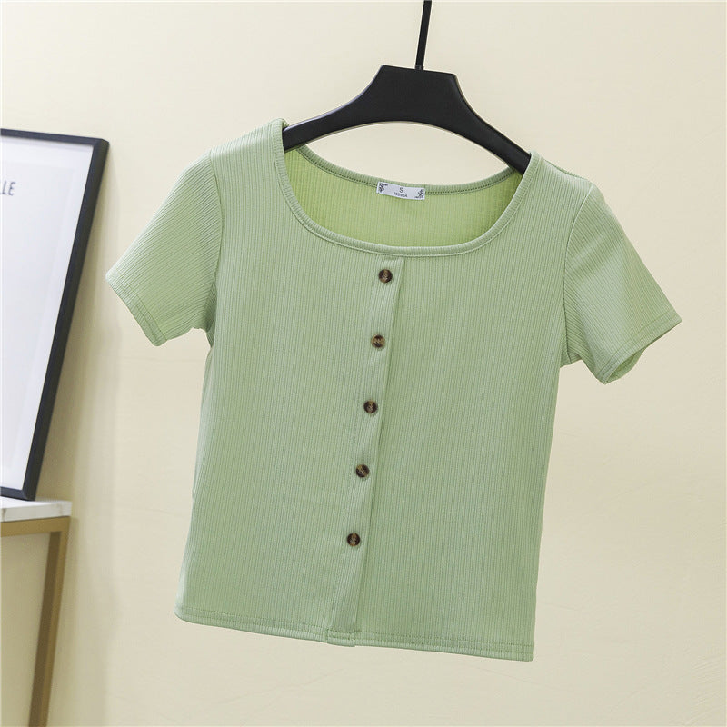 Damen Kurzarmshirt mit dekorativer Knopfleiste und modernem Rippenstrick R&B